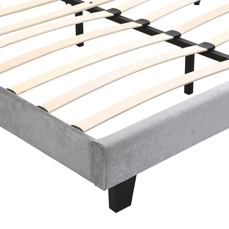 Grand lit tapissier capitonné en velours gris - Lumières à DEL à base de lattes en bois robuste de style incurvé Assemblage facile Aucun sommier tapissier requis avec capitonnage et support en tissu gris inclus
