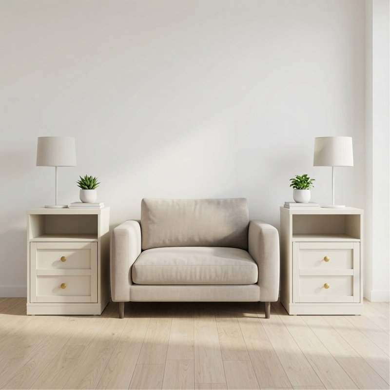 Ensemble de table de chevet moderne en faux bois à 2 tiroirs de 15,7 po de largeur avec porte et tablette, Beige
