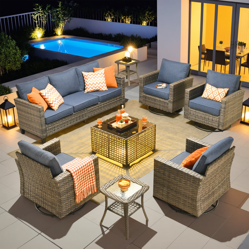Ensemble de conversation pour patio avec coussins 7 personnes Allcot, Non, Bleu