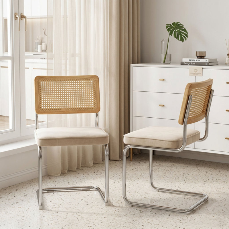 33In. H Modern Velvet Dining Chairs, Rattan Upholstered Kitchen Chairs With Stainless Base, Beige, Beige