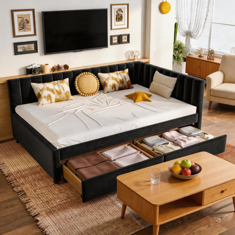 L Shaped Headboard Velvet Daybed Frame With Storage Drawers For Living Room Guest Room
