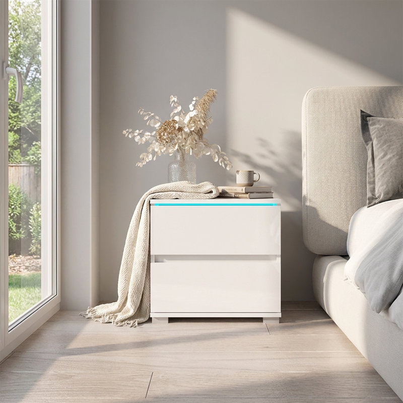 Astorga 19.7" Nightstand with 16-Color LED Lighting, High Gloss Finish, White