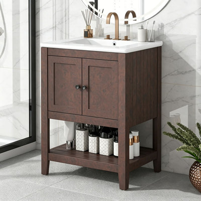 Lavabo de salle de bain moderne élégant en céramique 24 po avec tablette ouverte en bois massif