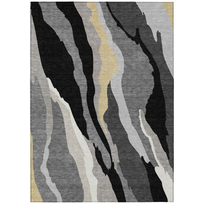 10' X 14' Black Abstract Washable Indoor Outdoor Area Rug