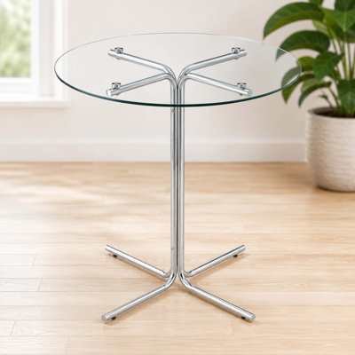 Table de bar ronde en verre, table de bar ronde de 36 pouces, plateau de table en verre trempé, support robuste à quatre colonnes plaqué chrome, convient aux tables de bar rondes transparentes dans les petits espaces
