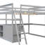 Lit mezzanine simple blanc avec bureau, tablettes et étagère à tiroirs-774081935