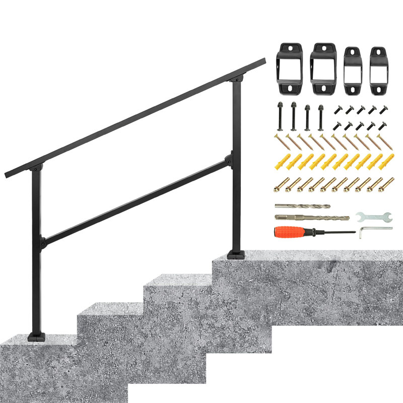 Wrought Iron Handrail, Step Handrails For Outdoor Steps Fit 3 To 4 Steps, Adjustable Porch Railing Transitional Rail With Installation Kit For Concrete Steps Or Wooden Stairs (Black)