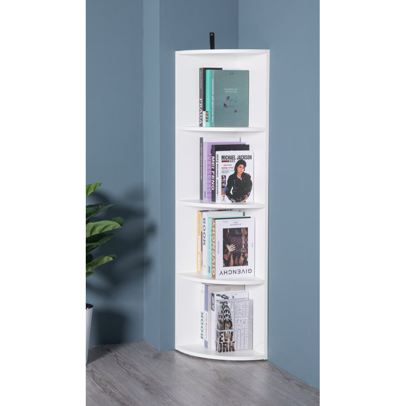 Basicwise 4-Tier Modern Wooden Corner Bookshelf - Slim Bookcase for Small Spaces, Kids Room, Nursery, Bedroom, Living Room - Heavy Duty, Space-Saving Display Shelf - 11.75 x 11.75 x 51 in, White