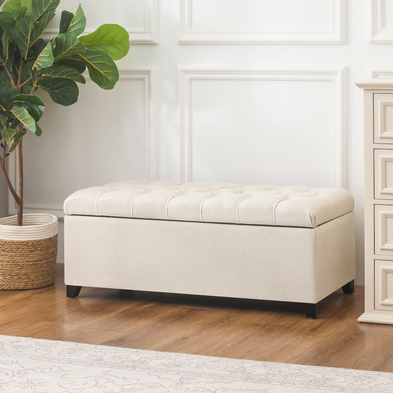 40 Inches Upholstered Storage Ottoman Bench, Beige