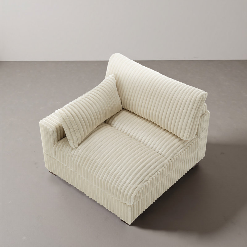 Upholstered Faux Rabbit Fur Flannel Armchair with Pillow Back, One Arm Single Chair Module Part For Sectional Sofa, White