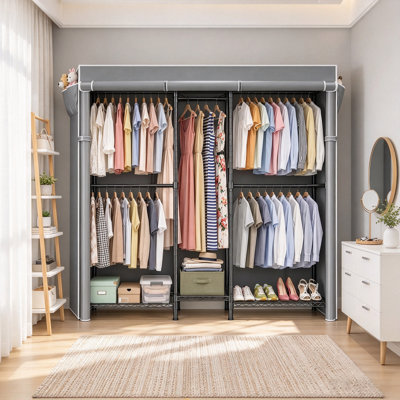 Système d'organisation robuste pour garde-robe, porte-vêtements autoportant avec tablettes, porte-vêtements réglable avec housse grise et poche latérale, garde-robes portables pour suspendre les vêtements, H 72,8 po x P 17,7 po x H 76,77 po, noir