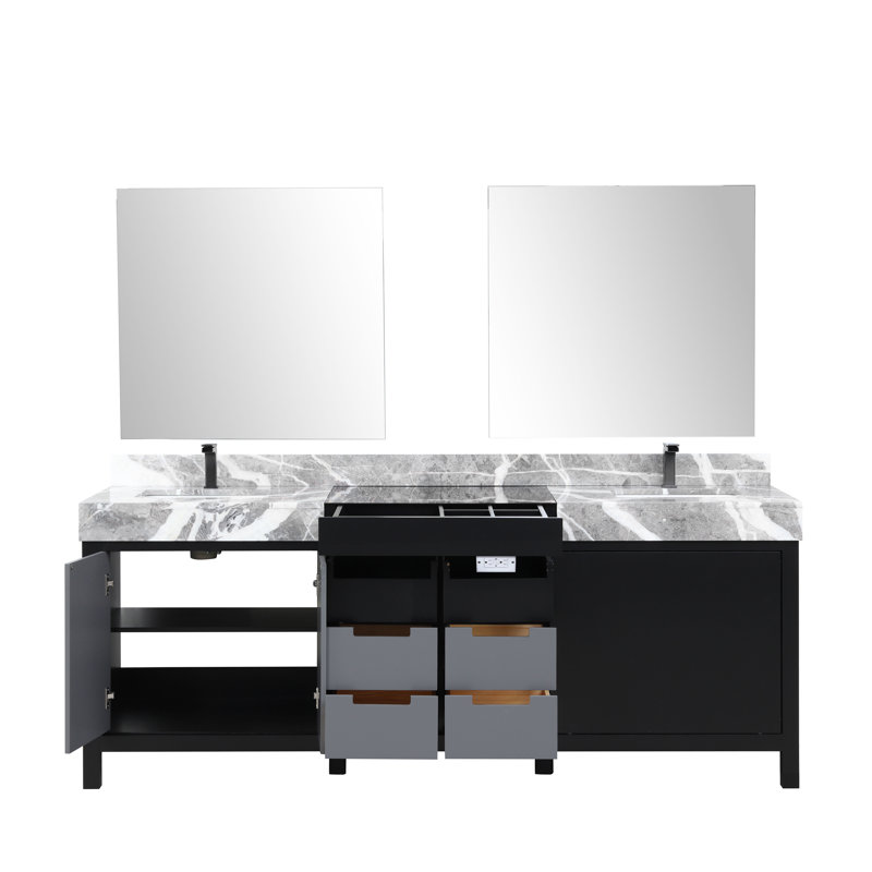 Zilara 84" Double Vanity with Castle Gray Marble Top and Black Faucet