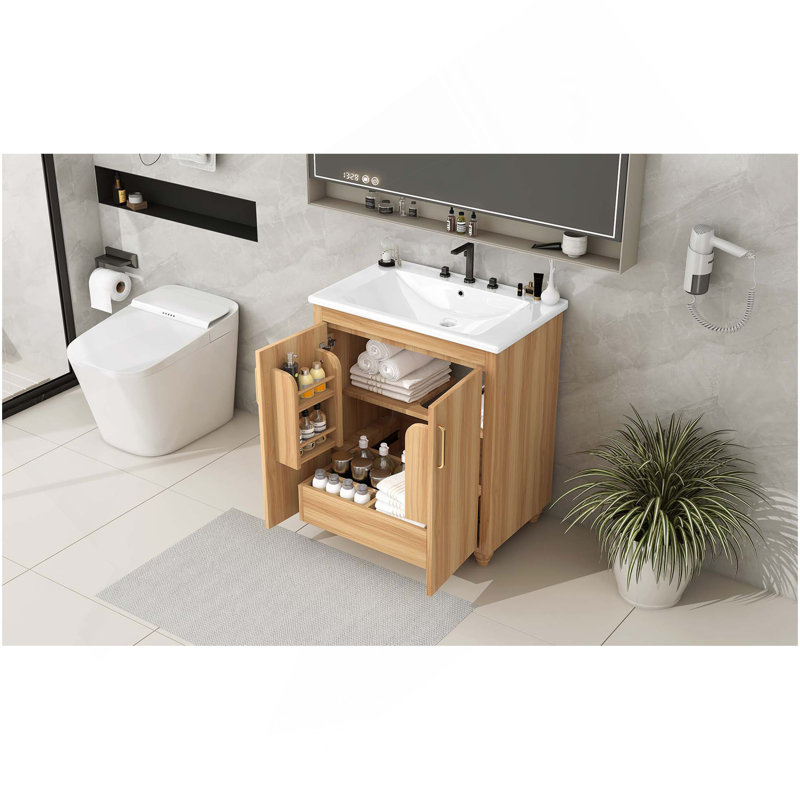 Ensemble de meuble-lavabo 30 po avec lavabo, armoire de salle de bain multifonctionnelle avec portes et tiroir, panneau de fibres à densité moyenne, naturel (ancien SKU: WF319484AAG)