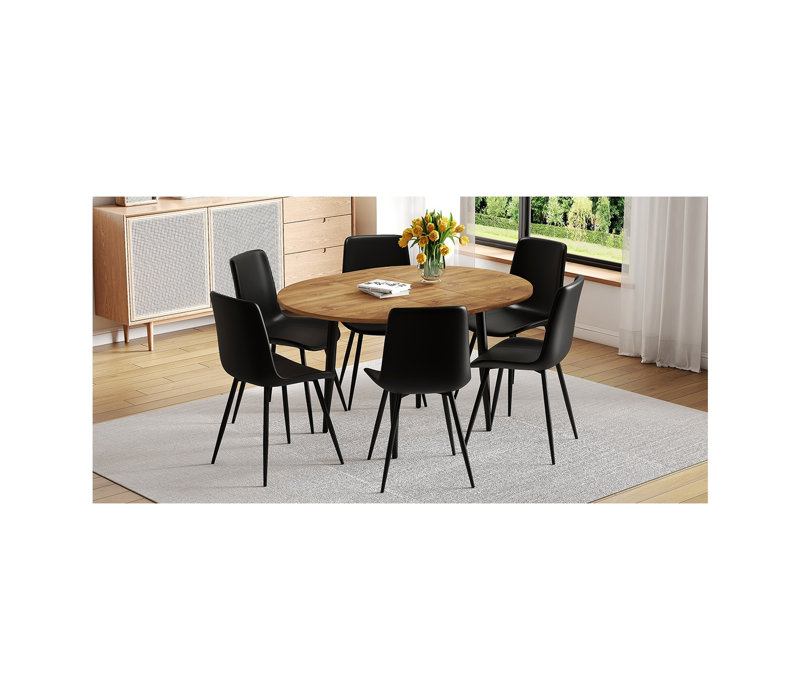 Ensemble de table de salle à manger moderne extensible avec 6 chaises en cuir de polyuréthane noir