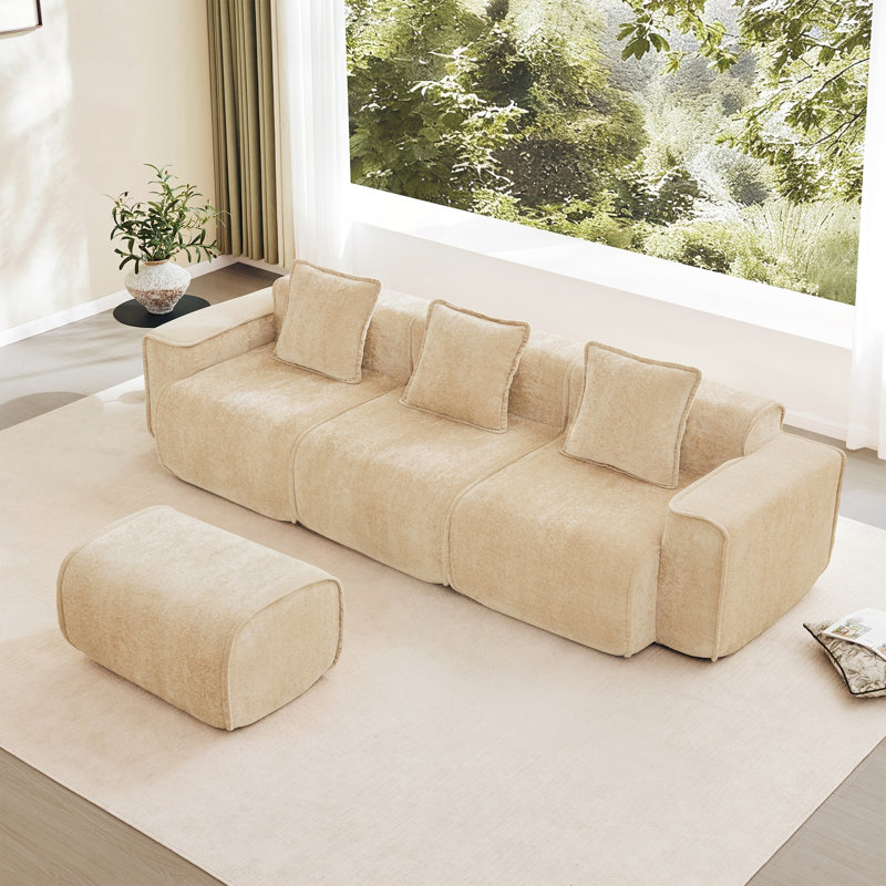 Canapé modulaire en L à 4 places avec passepoil français et tissu en velours, 138.58" W, Red