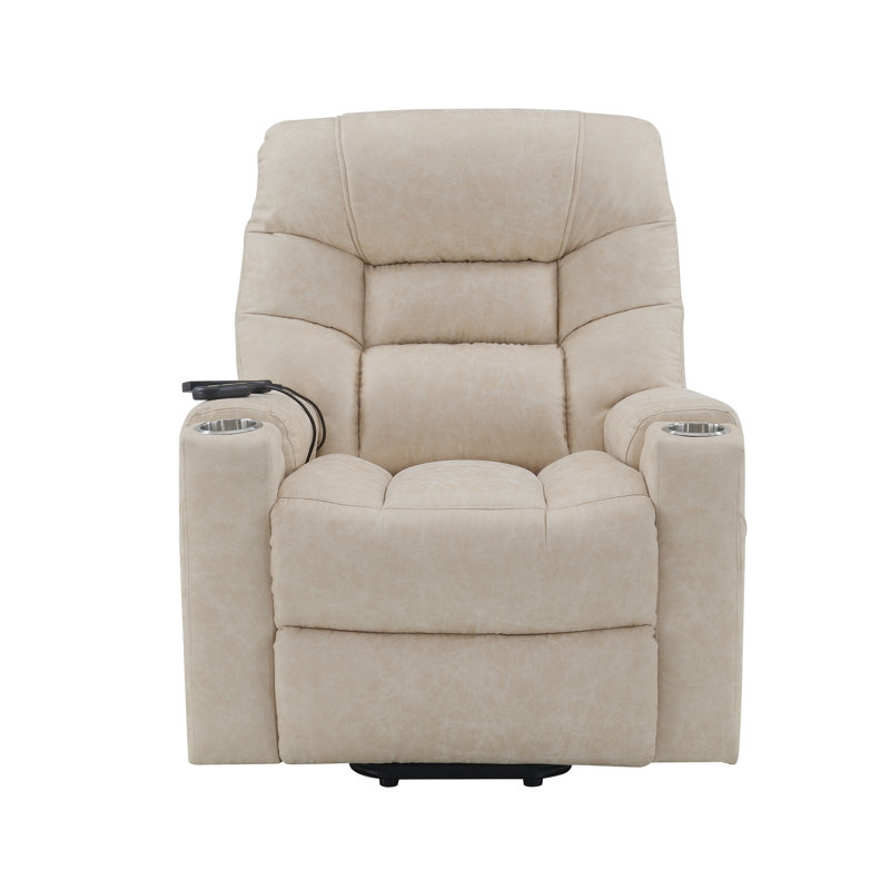 Fauteuil inclinable électrique Roxy avec chauffage et massage, revêtement en cuir ivoire, télécommande, porte-gobelets et rangement latéral