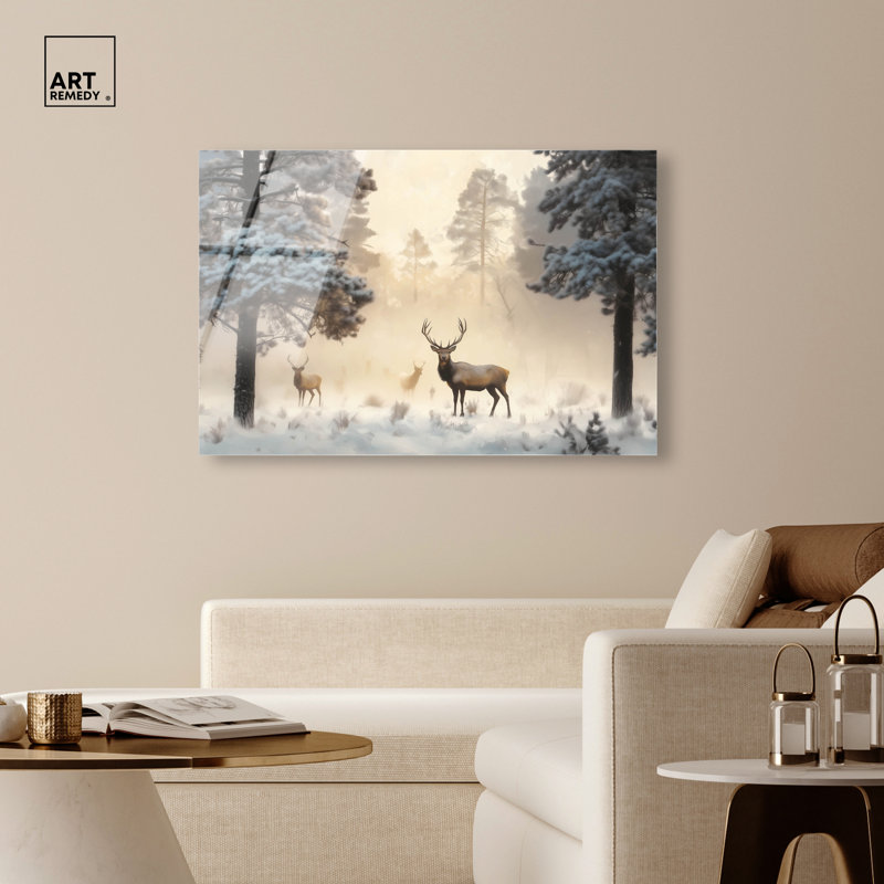 Décoration murale en forme de cerf dans la forêt d'hiver, reproduction d'art acrylique par Art Remedy, prête à être accrochée, 54 x 36