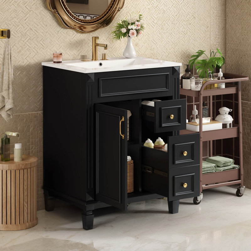 Meuble-lavabo moderne 24 po avec lavabo en céramique, 2 tiroirs, tablette réglable, Black, Doré
