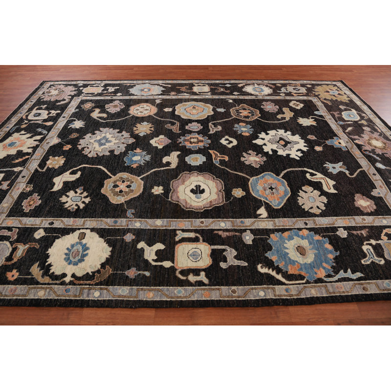 Black Floral Oushak Vegetable Dye Area Rug