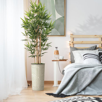 Artificial Tree in Contemporary Geometric Pattern Planter Fake Bamboo Silk Tree Plant Pot Plus Tree