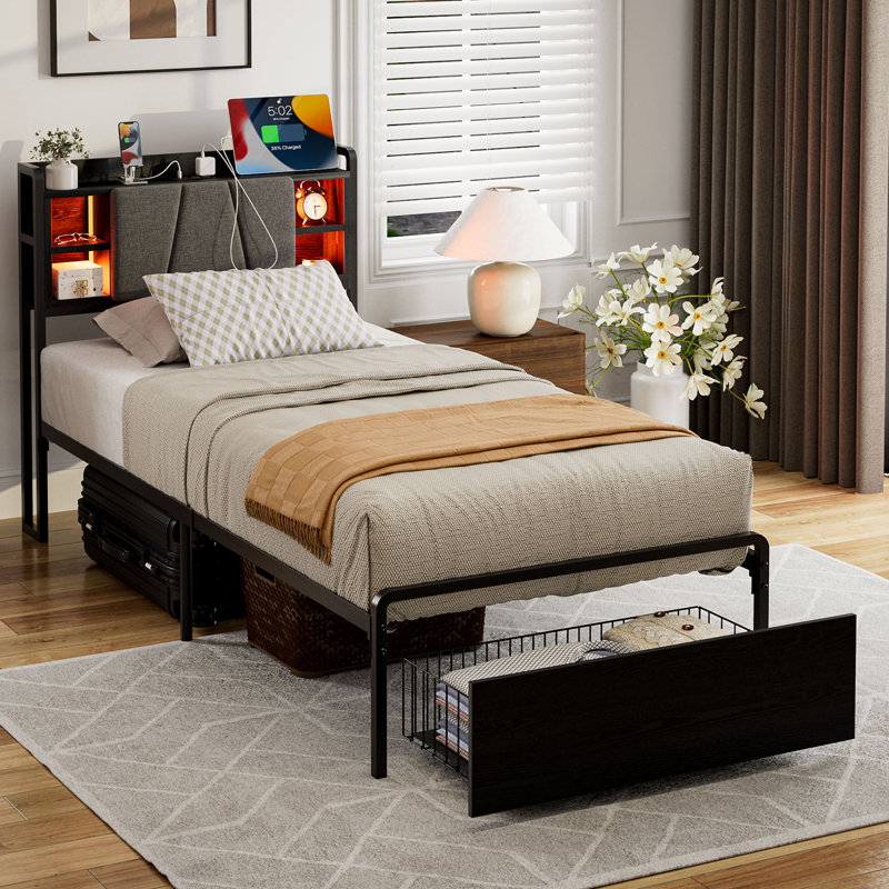 Ortenzia Bed Frame with Storage Headboard, Drawer, Charging Station and LED Light, Twin, Black