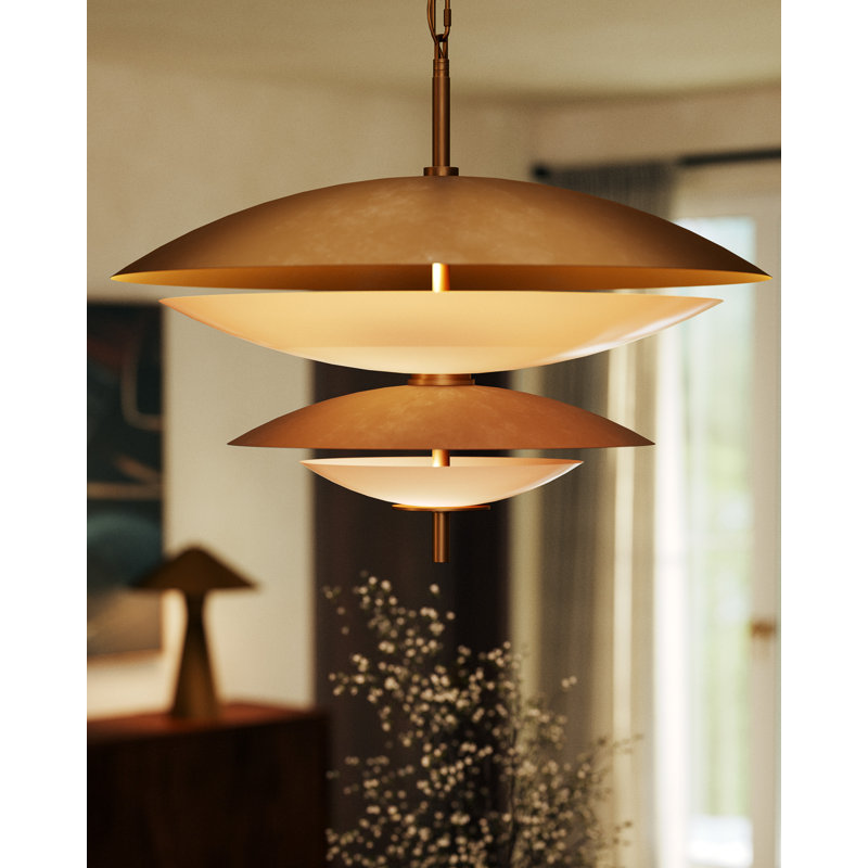 Lustre Prescott 24 po en laiton vintage à intensité variable avec DEL et verre opale mat., Laiton rétro / verre opale mat