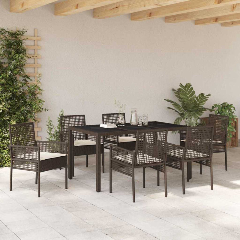 6 - Person Patio Dining Set with Rectangular Table, Brown/Cream White