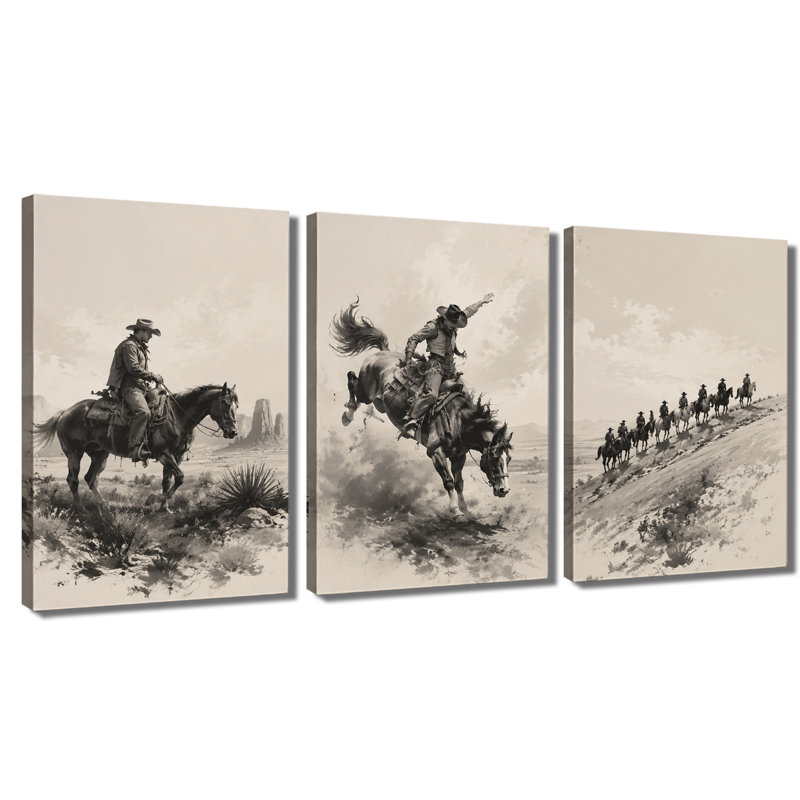 3 panneaux muraux, impression rétro sur toile cheval de cowboy occidental, paysage désertique, 12 * 18 pouces * 3