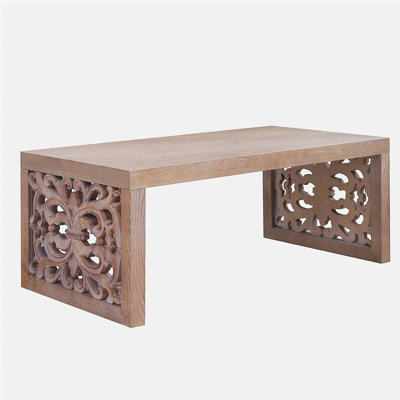 47.2" Rustic Carved Wood Coffee Table – Handcrafted Look with Ornate Side Panels, Natural Finish