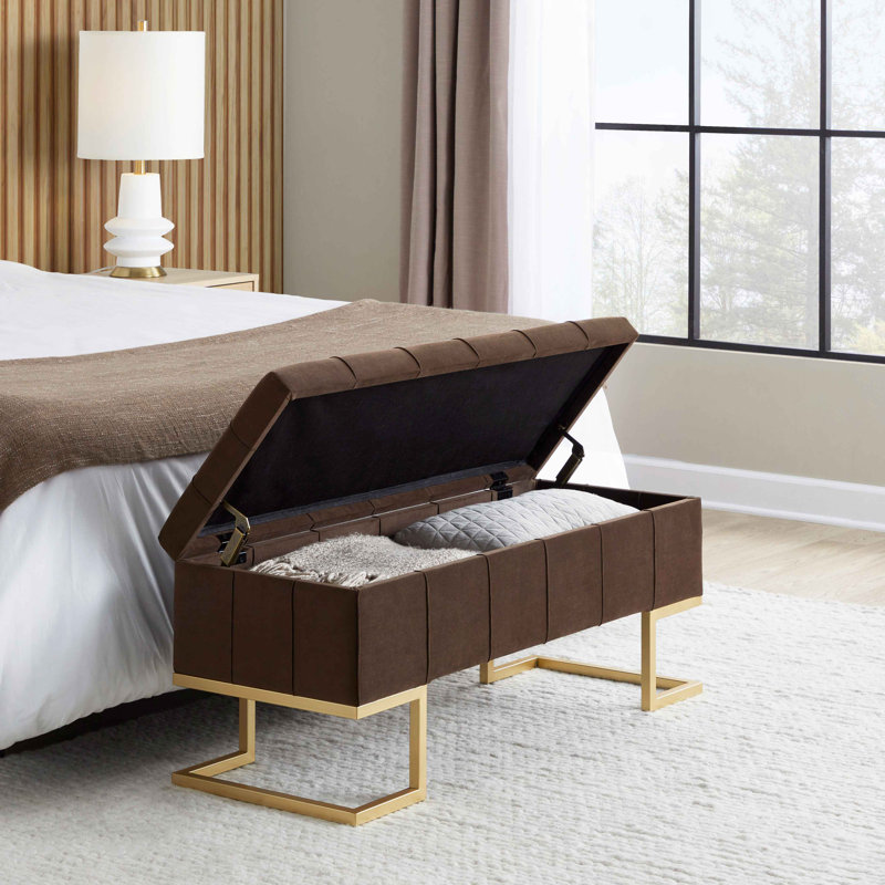 Banc de rangement en acier et velours, Brun
