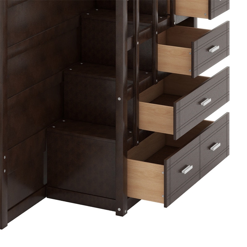 Bunk Bed with Trundle and Staircase, Espresso