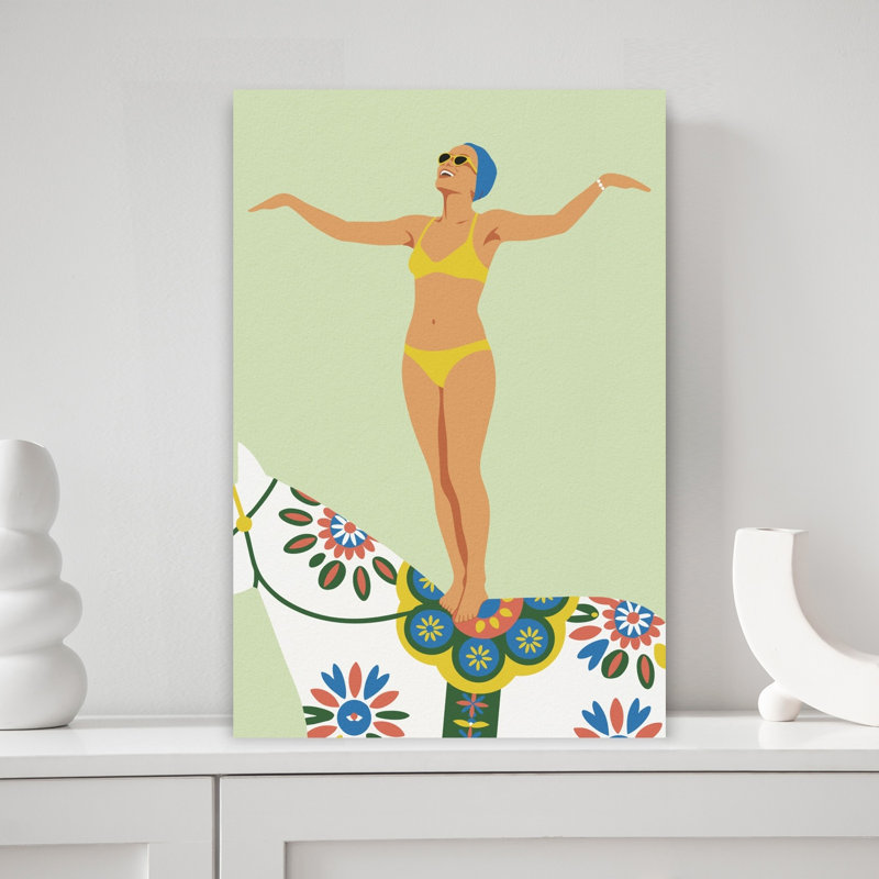 «Woman on Dala Horse Playful Abstract Contemporary Horse Summer Landscape», art mural
