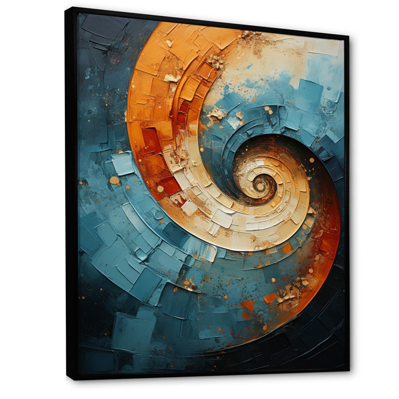 «Feldstein Orange Teal Abstract Spirals I», reproduction sur toile, H 20 po x l 12 po x P 1 po, Cadre noir