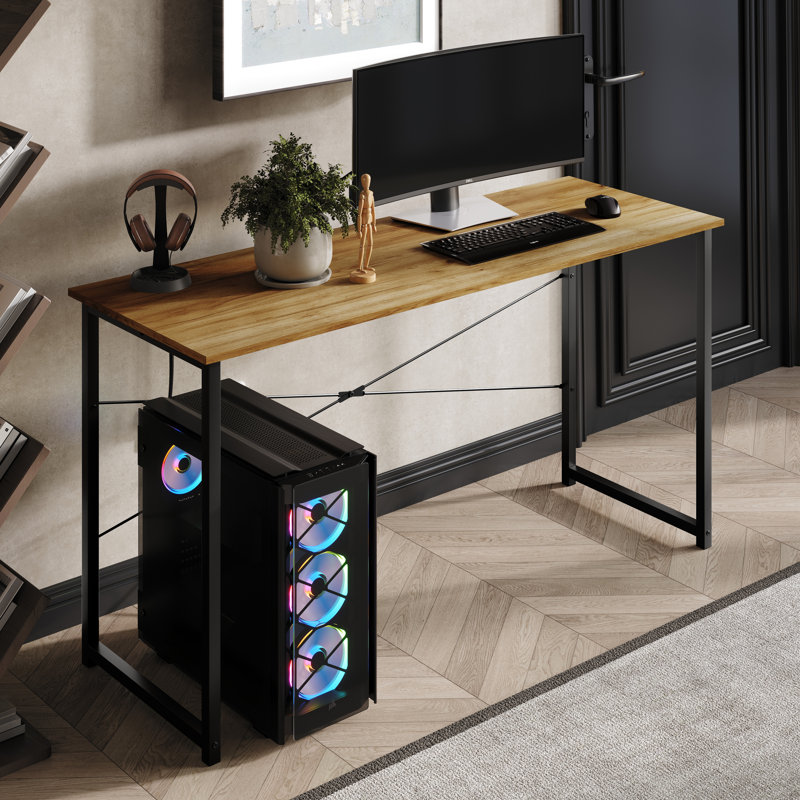 Bureau d'écriture en métal 55 pouces, H 29,33 po x l 55,12 po x P 19,68 po, Chêne clair
