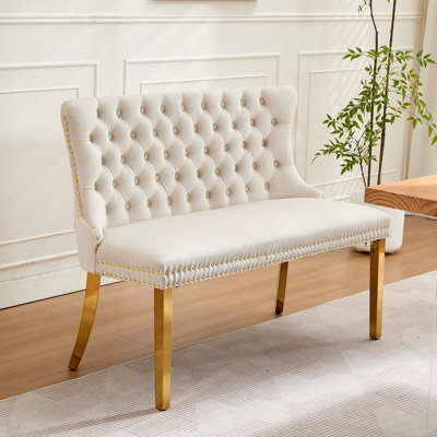 Banc en velours pour causeuse double, sièges de cuisine et de salle à manger, banc capitonné à 2 places avec boutons faits à la main, dossier à oreilles, pieds en acier, style Mid-Century moderne