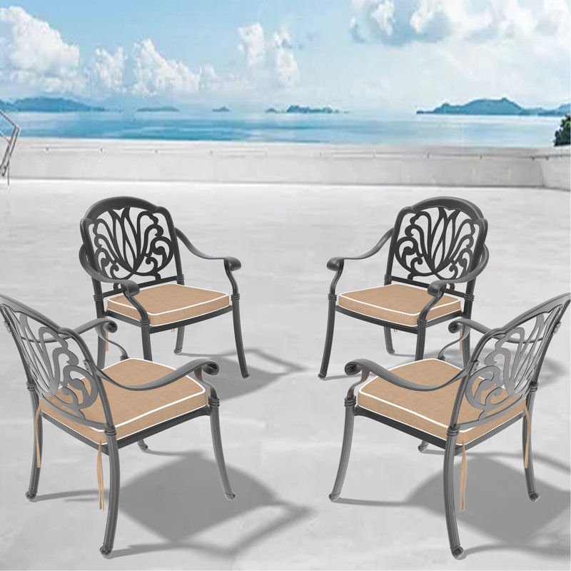 Chaise de patio en fonte d'aluminium 4 pièces, noire, traitement de décoloration, collection de coussins haute température, avec