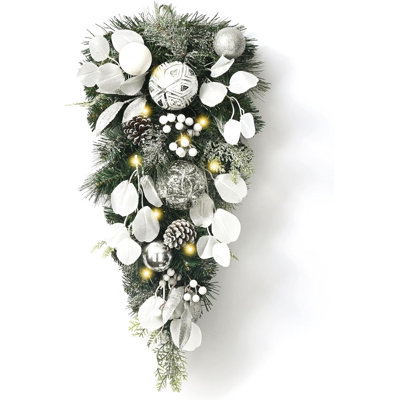 Ornement en forme de goutte de Noël pré-éclairé pour la décoration extérieure, décoration de boîte aux lettres royale blanche argentée de 24 pouces avec 20 lumières DEL, ornements en forme de boule pour la porte de la fenêtre de l'escalier de 