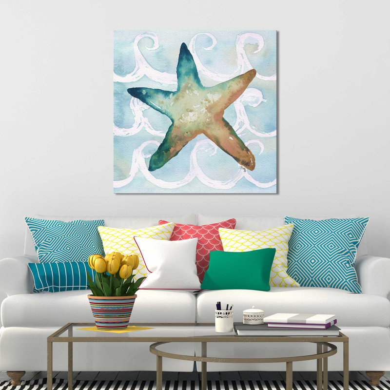 «Sea Creatures on Waves I», reproduction de peinture à l'aquarelle, H 28 po x l 28 po x P 1,5 po, Toile tendue