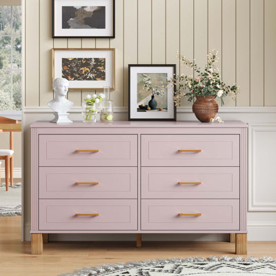 Commode moderne à 6 tiroirs avec pieds en bois massif et poignées en métal