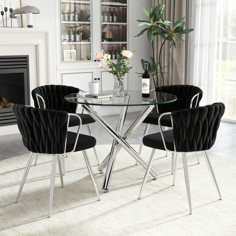 Elegant Round Glass Dining Table Set, 5 Pieces: Table, 4 Chairs, Gray, Gold