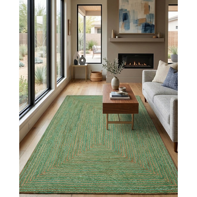 Hand Braided Cotton & Jute Contemporary Green Rectangle Indoor / Outdoor Area Rugs, Rectangle 5' x 8'