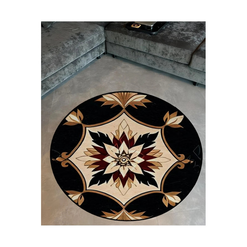 Brown Beige Floral Patterned Round Woven Base Vintage Decorative Carpet, Round 4'