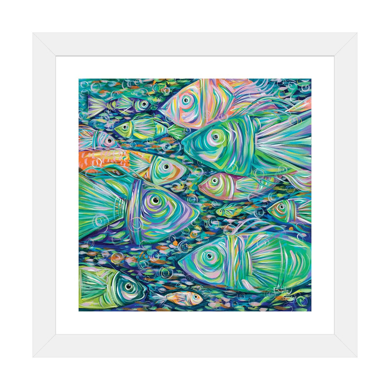 «School of Fish» par Estelle Grengs - impression d'art graphique, H 16 po x l 16 po x P 1 po, Papier encadré blanc, Blanc
