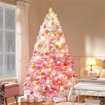 Arbre de Noël artificiel floqué rose avec support pliable