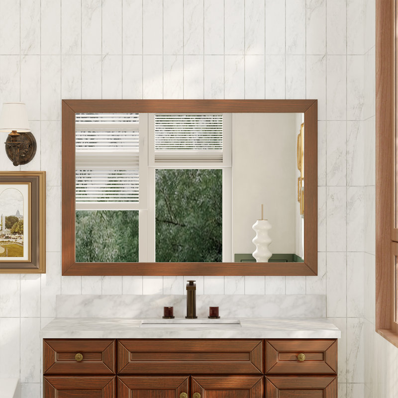 Desjuan Solid Wood Wall Mirror Framed, Straight Mirror, Bathroom Mirror 5MM Thickness Glass, 34" x 48", Traditional Brown
