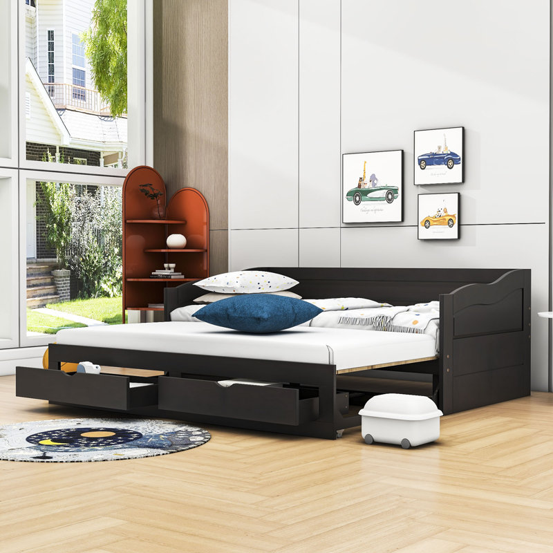 Dyuti Twin Size Wooden Daybed with Trundle and Two Storage Drawers, Espresso