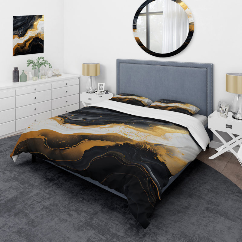Ensemble de housse de couette en marbre doré et noir Essence I - Abstract Marble, Housse de couette pour lit simple