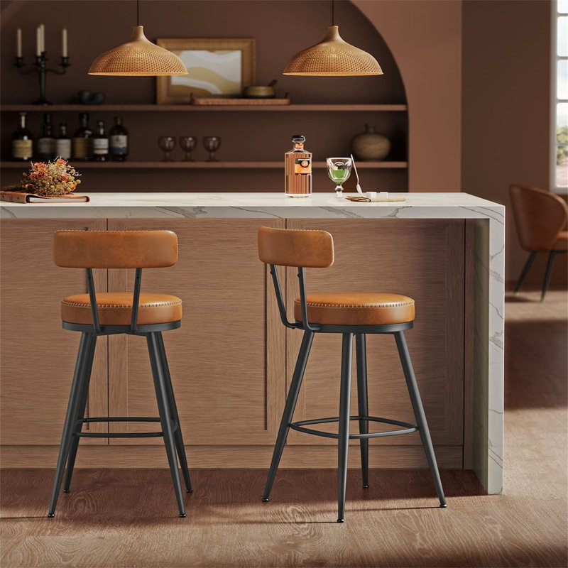360° Swivel Bar Stools Set Of 2, Caramel Brown
