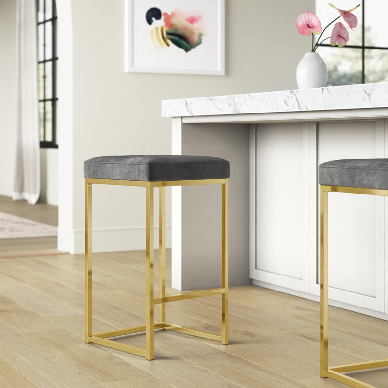 Nicola 26.5" Counter Stool, Gray Velvet, Gold