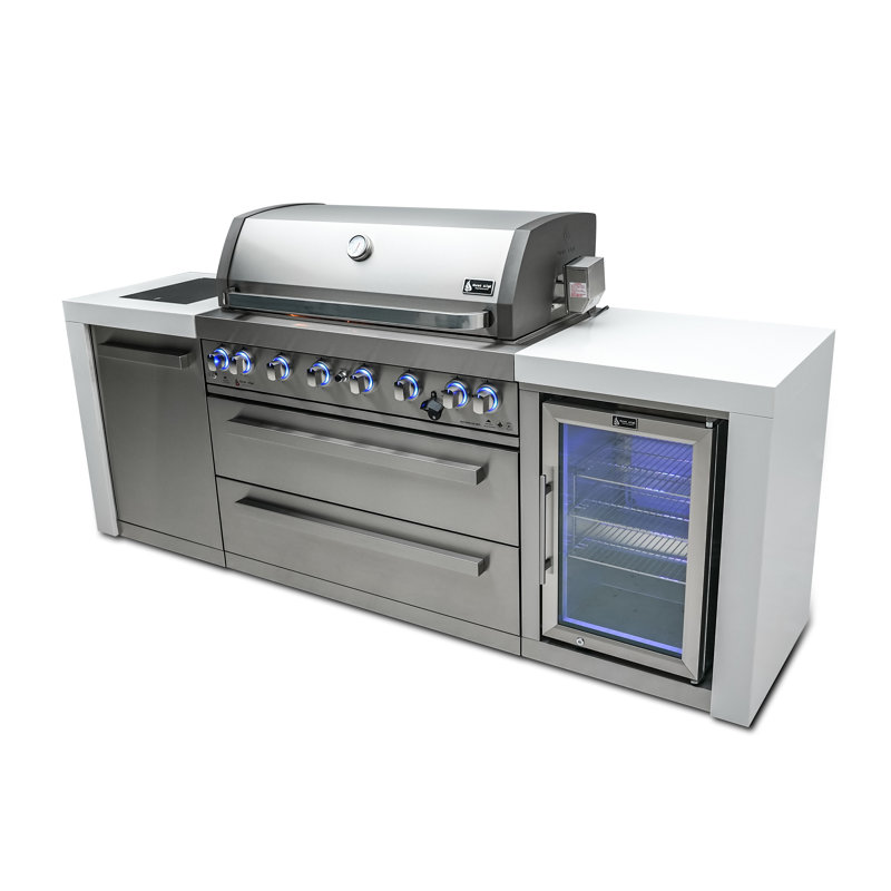 Îlot de cuisine de luxe en acier inoxydable de luxe Mont Alpi l 94 po x P 23 po x H 46 po avec réfrigérateur et barbecue à 6 brûleurs de 44 po + brûleur latéral + comptoirs en granite + armoires et tiroirs de rangement + couvercle + convertible au gaz naturel + Garantie à vie